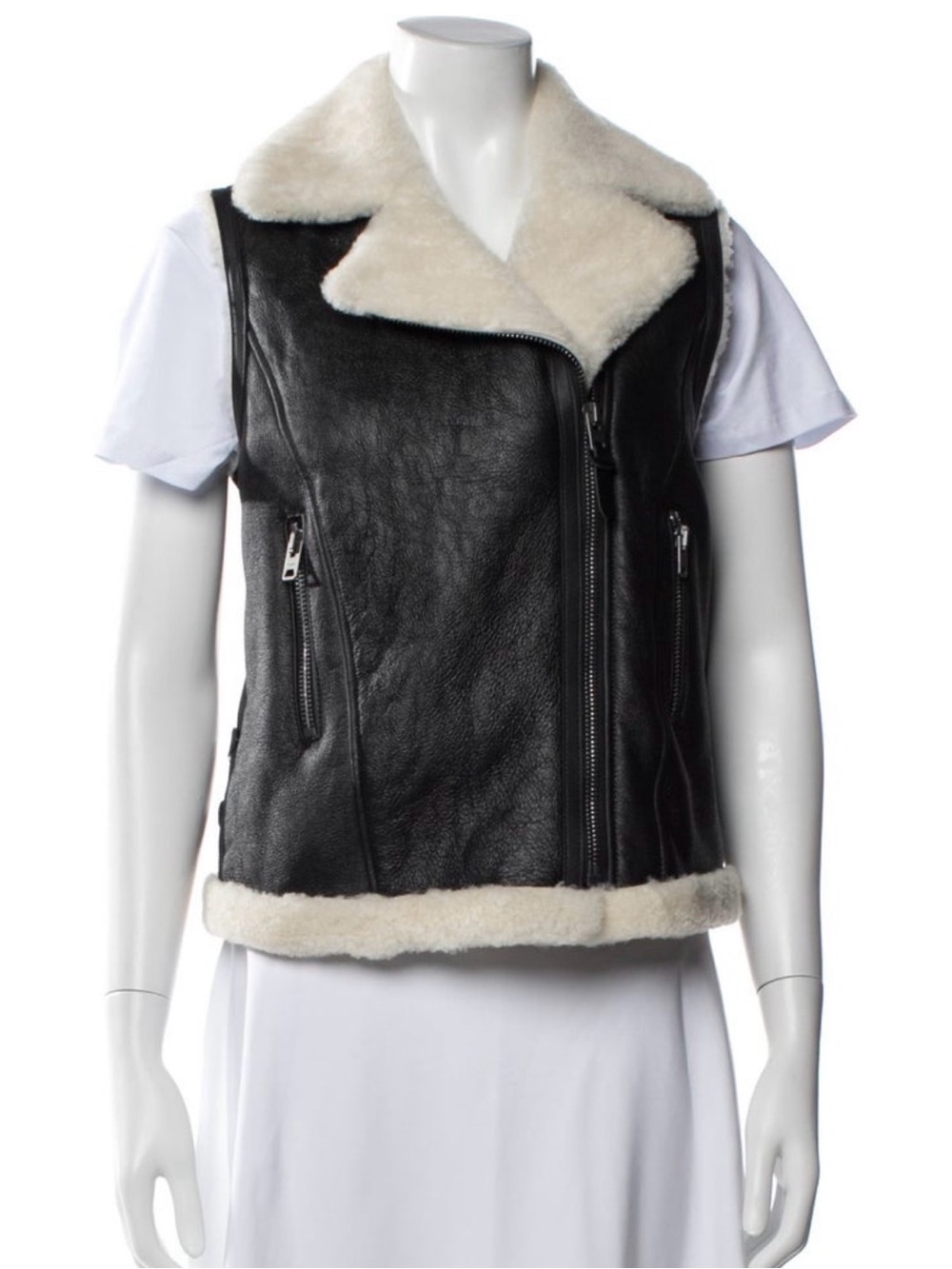 Coach Black Leather Vest with Cream Shearling Trim